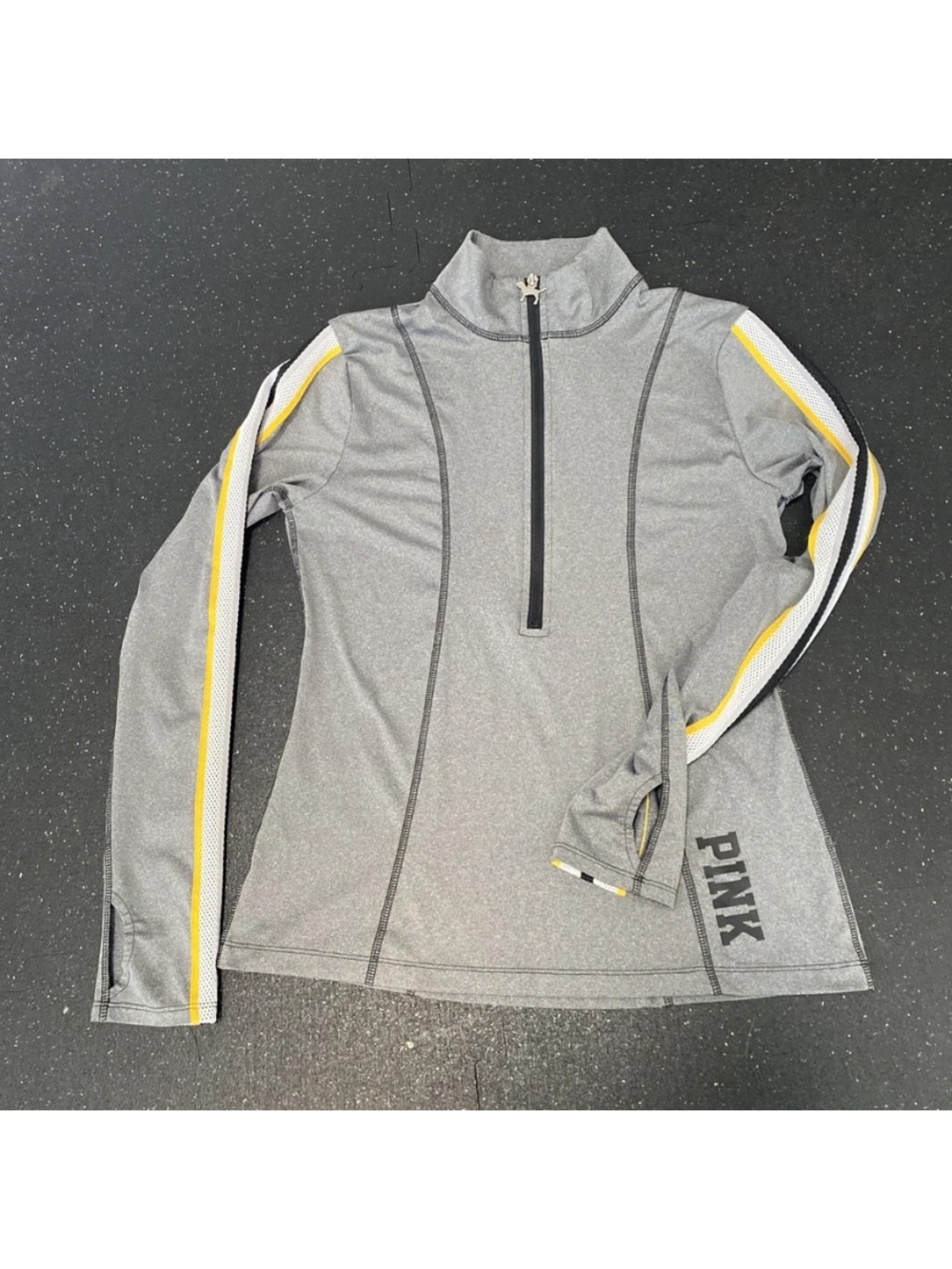 Victoria's Secret PINK Deep Zip Ultimate Pullover SZ Med Gray Blk/Yellow Striped